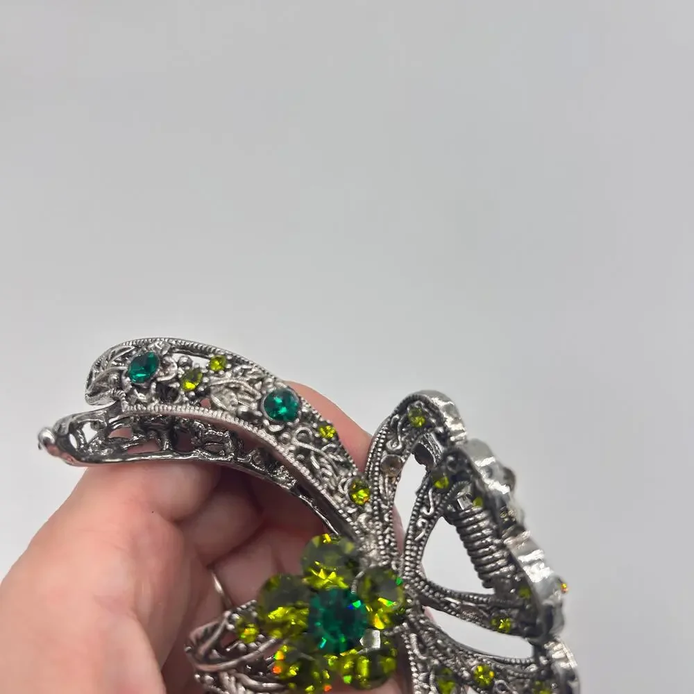 Vintage Claw Clip Silver Tone Floral Green Rhinestones Hair Costume Jewelry